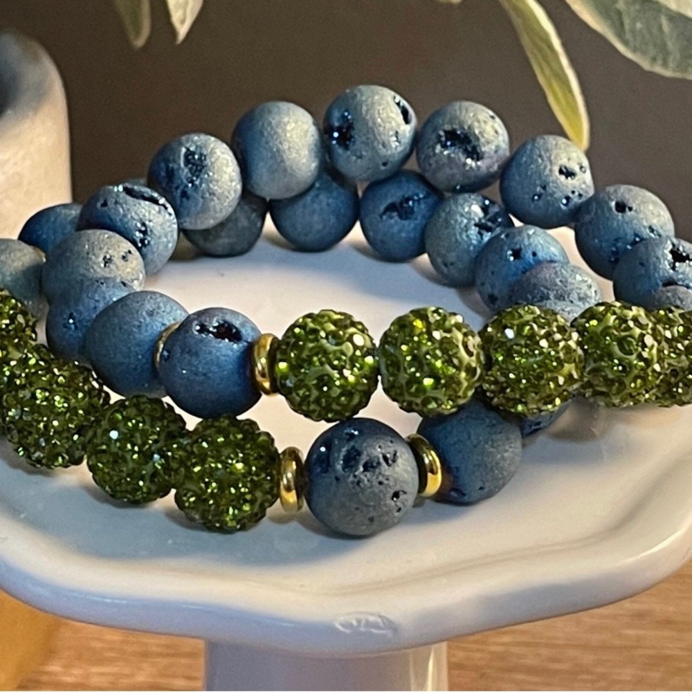 Blue druzy beads with green micro pave beads
